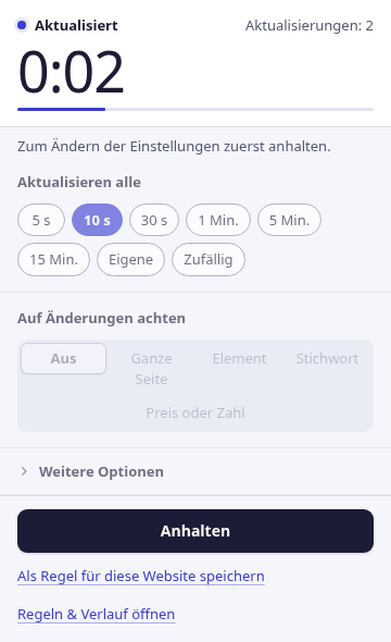 Das RefreshWatch-Popup: Neuladen alle 10 Sekunden, Countdown bis zur nächsten Aktualisierung, bisher 2 Aktualisierungen.