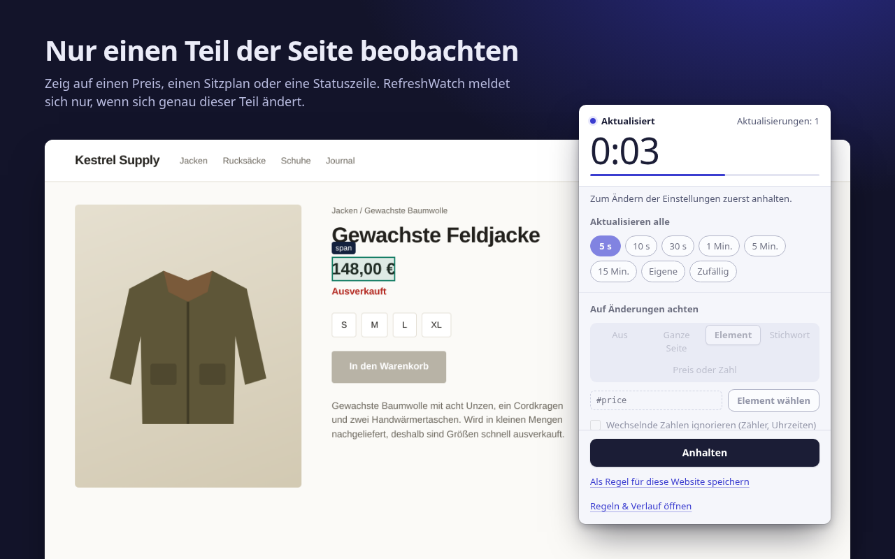 Auswahl des Preises auf einer Shopseite: Das Element ist auf der Seite umrandet, und das Popup zeigt, dass #price alle 5 Sekunden beobachtet wird.