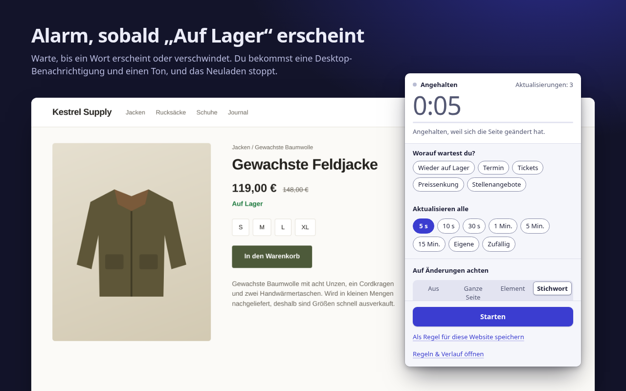 Das Popup nach einem Stichwort-Treffer: angehalten, weil sich die Seite geändert hat, mit dem Stichwort „Auf Lager“, daneben die Shopseite, die jetzt „Auf Lager“ zeigt.