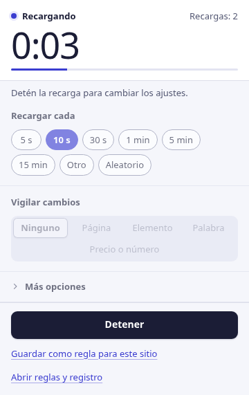 La ventana emergente de RefreshWatch: recargando cada 10 segundos, con la cuenta atrás hasta la próxima recarga y 2 recargas hasta ahora.