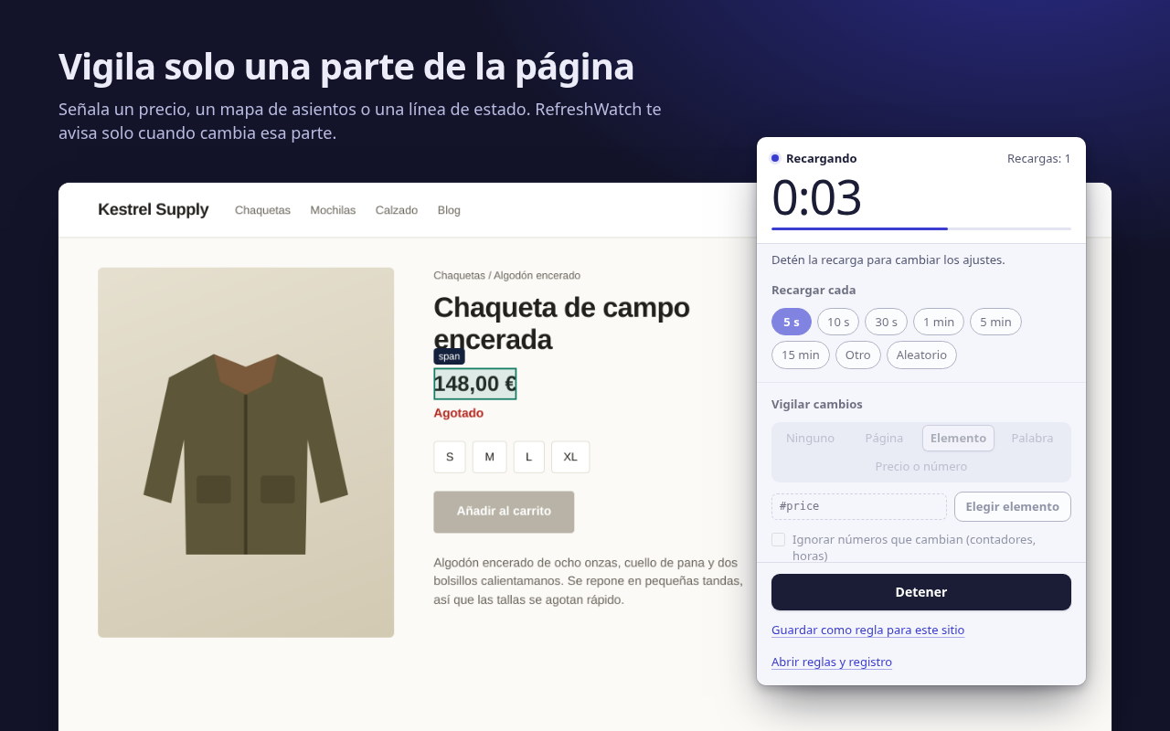 Eligiendo el precio en la página de una tienda: el elemento aparece recuadrado en la página y la ventana emergente muestra que vigila #price cada 5 segundos.