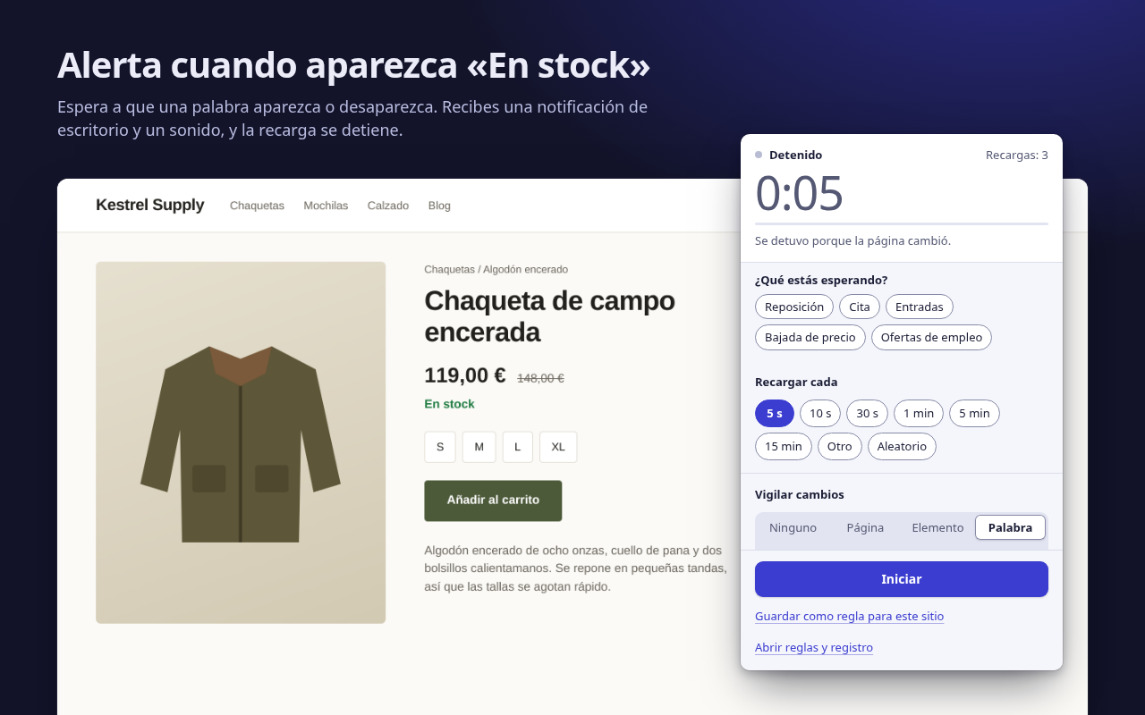 La ventana emergente tras encontrar la palabra clave: detenida porque la página cambió, con la palabra «En stock», junto a la página de la tienda, que ahora muestra «En stock».