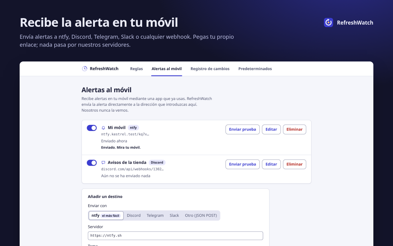 La pestaña Alertas al móvil con un destino de ntfy y otro de Discord, y «Enviado. Mira tu móvil.» tras una prueba.