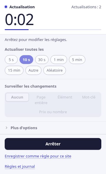 La fenêtre de l’extension RefreshWatch : actualisation toutes les 10 secondes, compte à rebours jusqu’à la prochaine actualisation, 2 actualisations effectuées.
