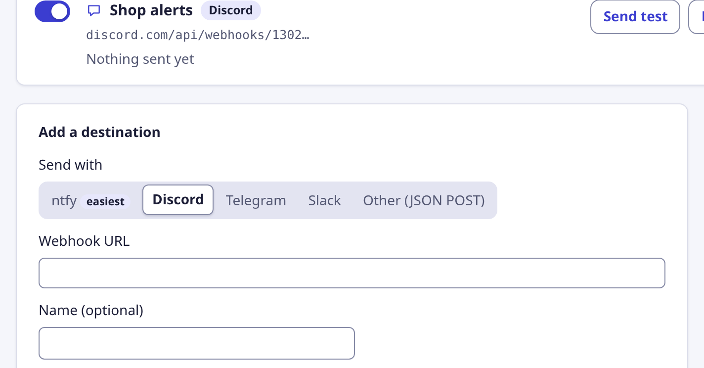 The Phone alerts form for Discord, with a webhook address.