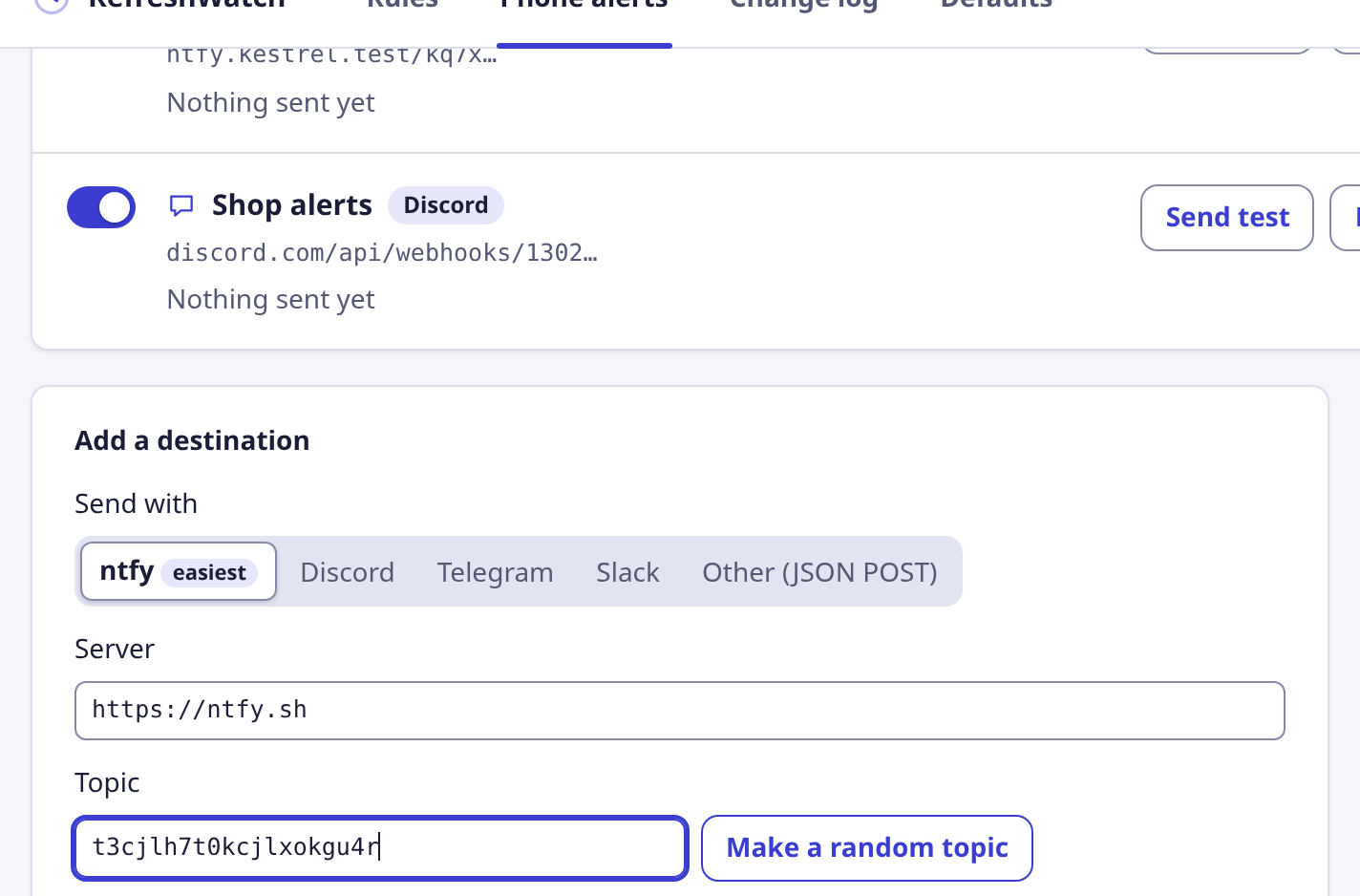 The Phone alerts form for ntfy, with the server and a random topic.