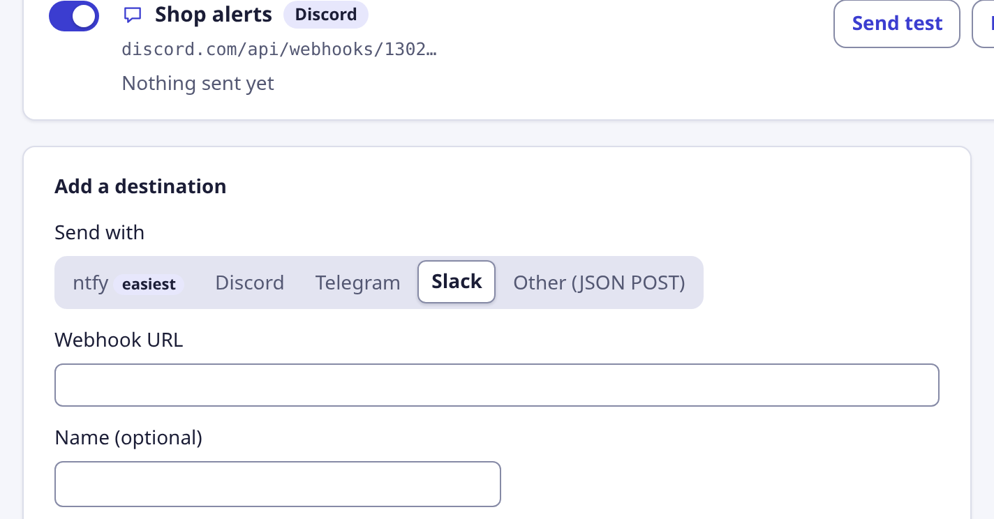 The Phone alerts form for Slack, with a webhook address.