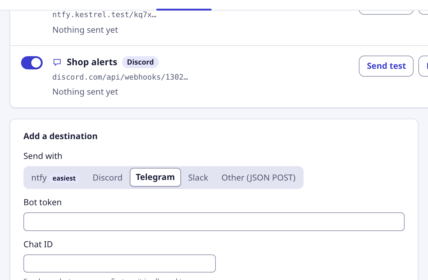 The Phone alerts form for Telegram, with a token and a chat ID.