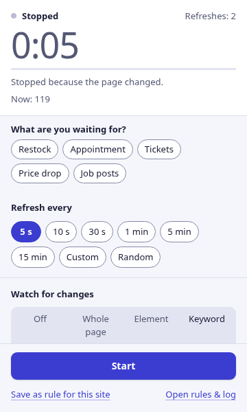 The popup stopped on a match, showing Now: 119 for a price watch.