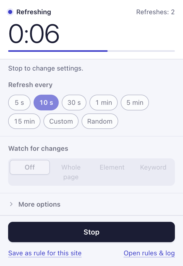 The RefreshWatch popup: refreshing every 10 seconds, 6 seconds to the next refresh, 2 refreshes so far.