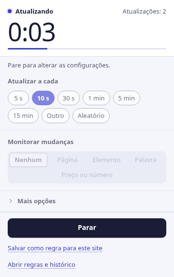 O pop-up do RefreshWatch: atualizando a cada 10 segundos, com a contagem regressiva até a próxima atualização e 2 atualizações até agora.
