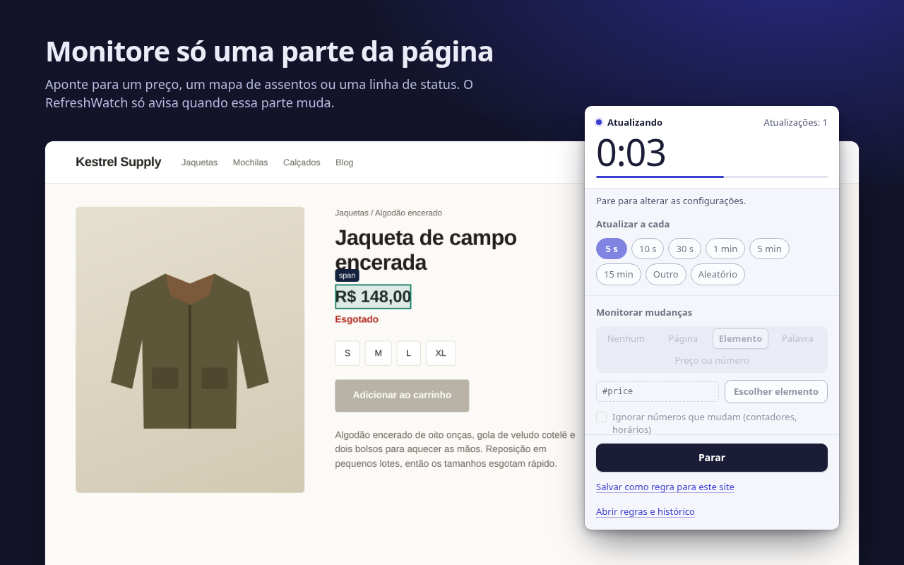Escolhendo o preço na página de uma loja: o elemento aparece contornado na página, e o pop-up mostra que está monitorando #price a cada 5 segundos.
