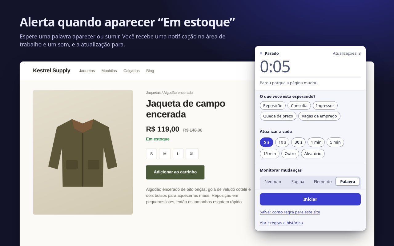 O pop-up depois de encontrar a palavra-chave: parado porque a página mudou, com a palavra-chave “Em estoque”, ao lado da página da loja, que agora mostra “Em estoque”.