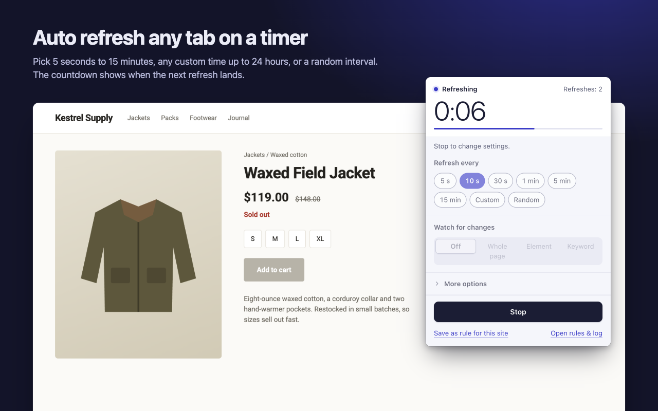 RefreshWatch refreshing a tab every 10 seconds, with 6 seconds to go and 2 refreshes so far.