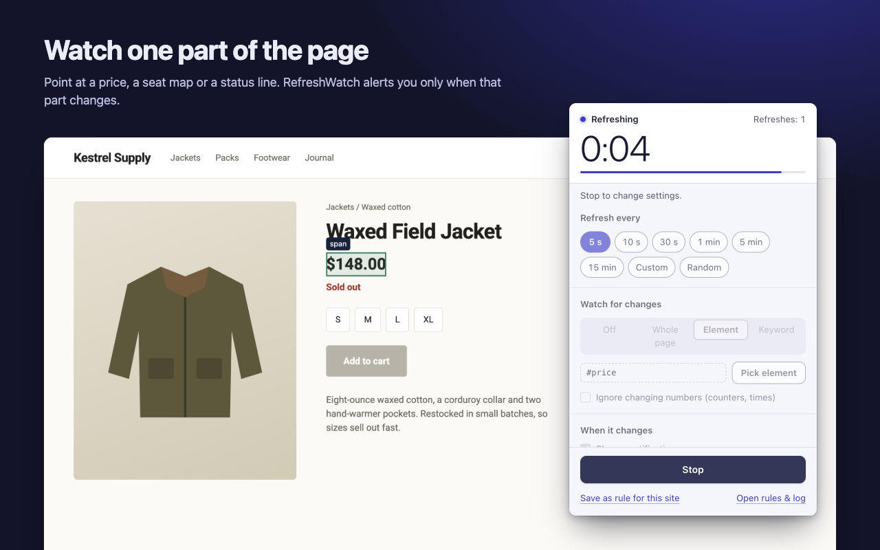 Picking the price on a shop page: the element is outlined on the page, and the popup shows it is watching #price every 5 seconds.