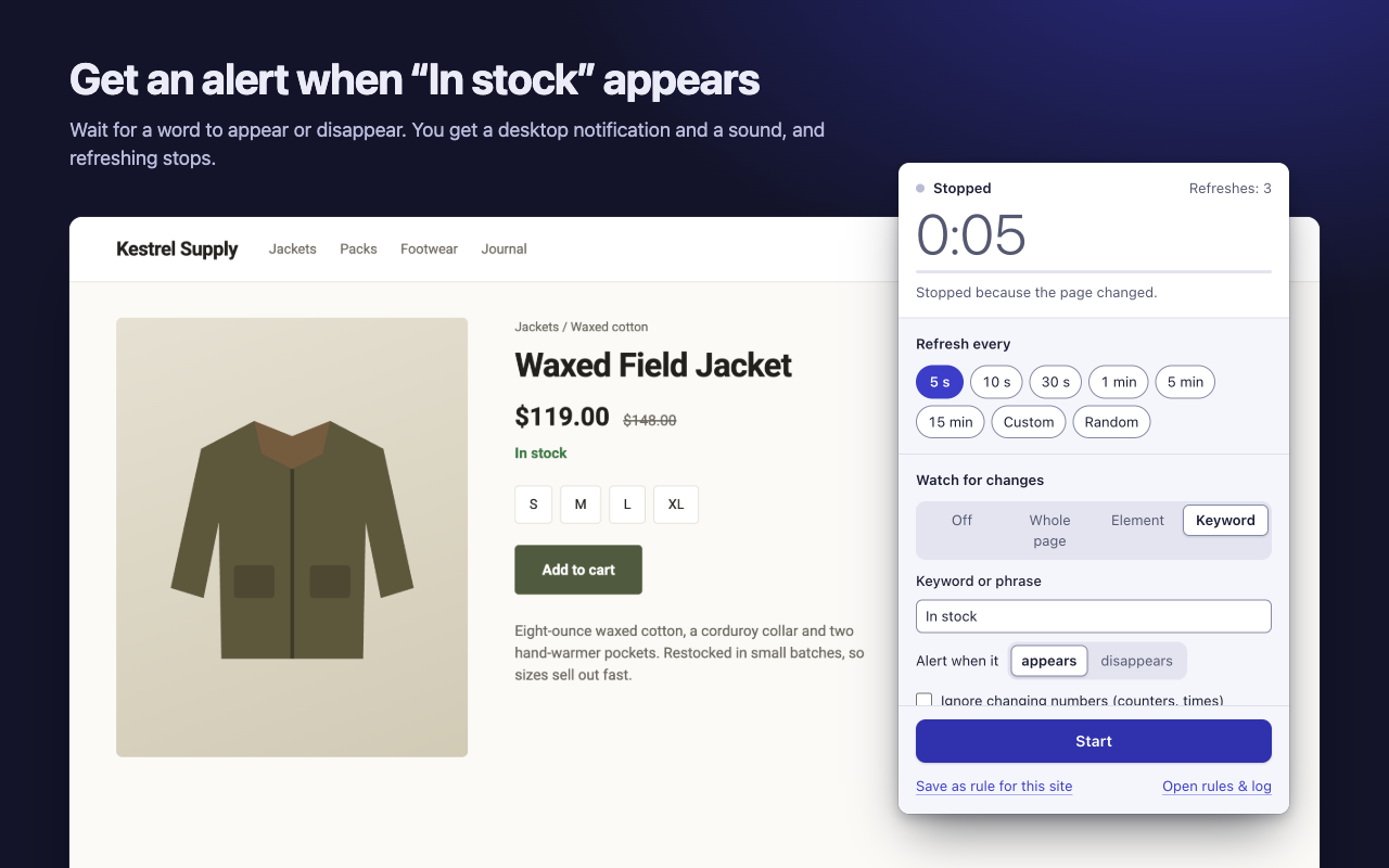 The popup after a keyword match: stopped because the page changed, with the keyword In stock, next to the shop page now showing In stock.