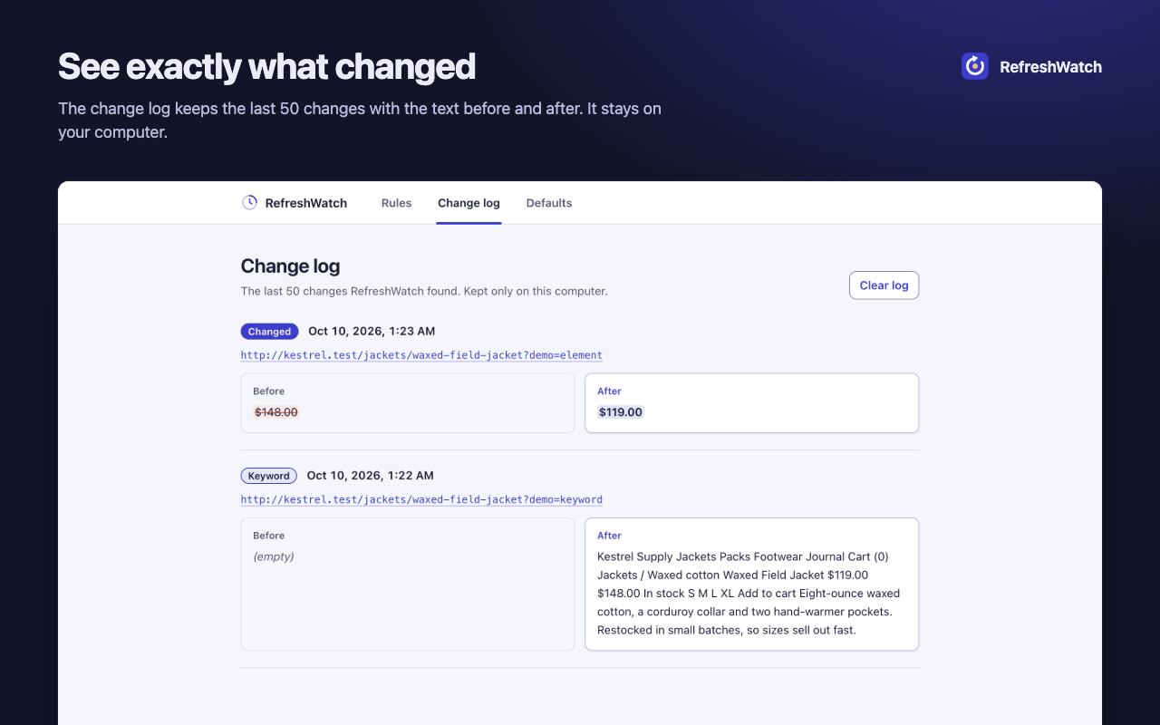 The change log: a price change from $148.00 to $119.00, and a keyword match.